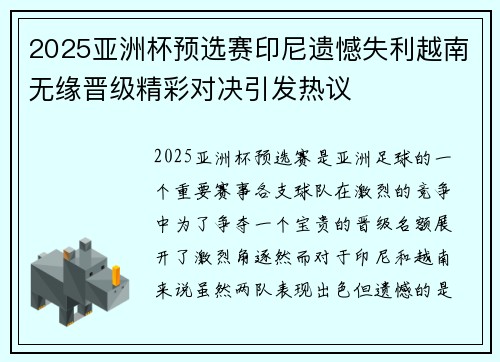 2025亚洲杯预选赛印尼遗憾失利越南无缘晋级精彩对决引发热议