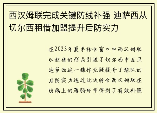 西汉姆联完成关键防线补强 迪萨西从切尔西租借加盟提升后防实力