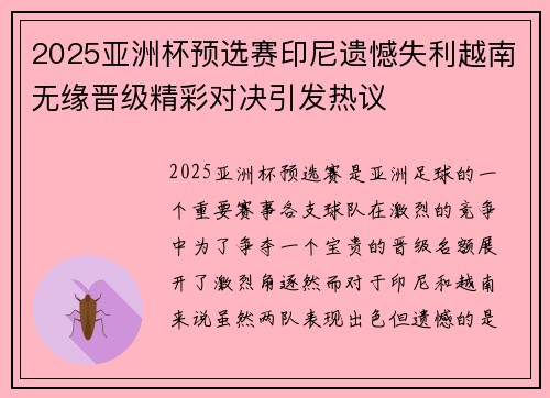 2025亚洲杯预选赛印尼遗憾失利越南无缘晋级精彩对决引发热议