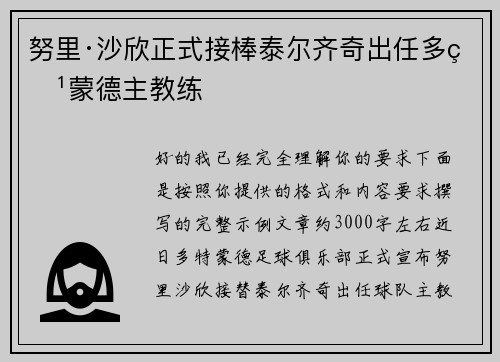 努里·沙欣正式接棒泰尔齐奇出任多特蒙德主教练